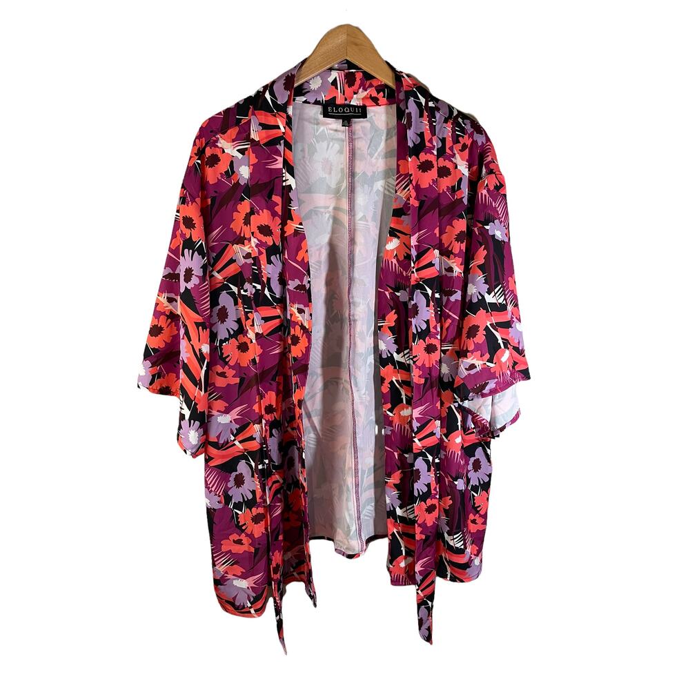 NWT Eloquii Women Printed Kimono Robe Duster Floral Purple Plus Size 22W Resort